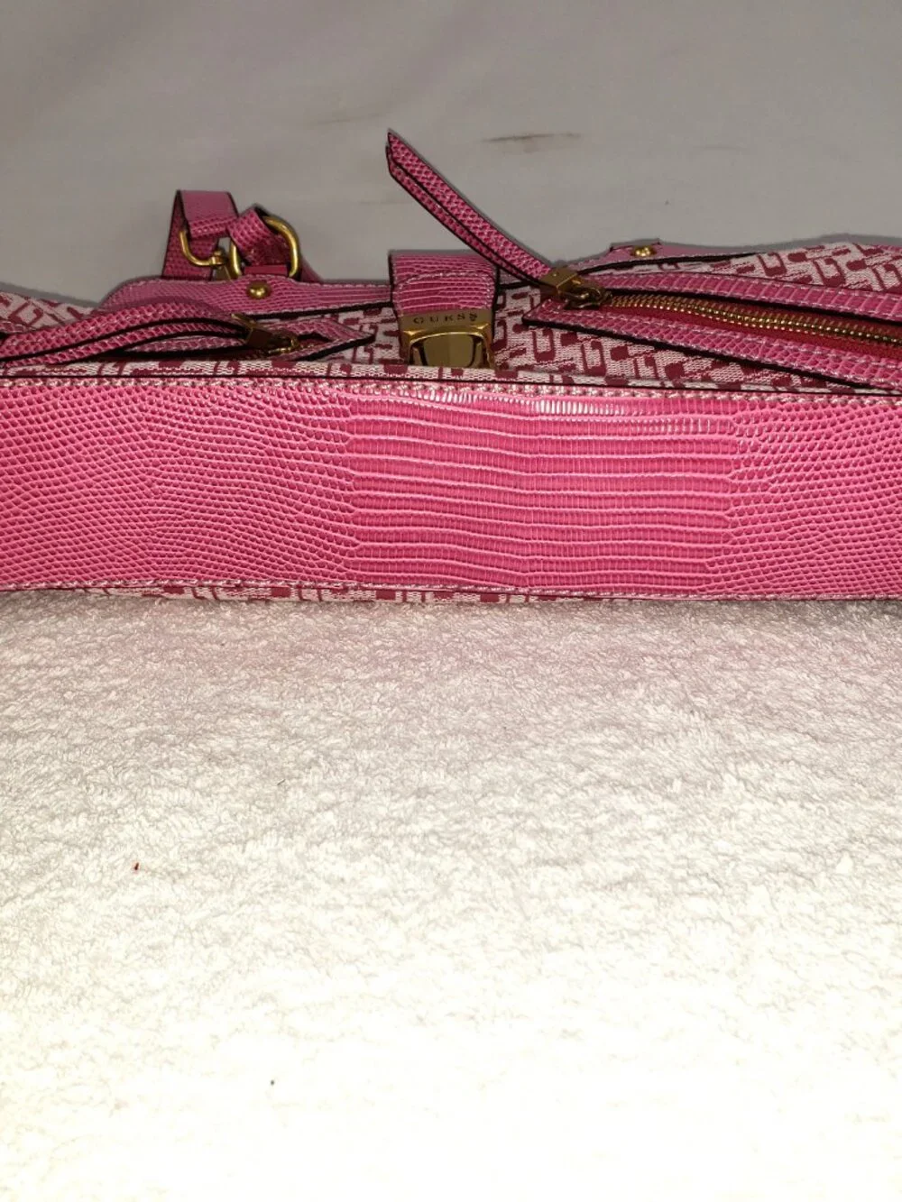 GUESS Pink Signature Satchel with Reptile Trim & Gold Hardware